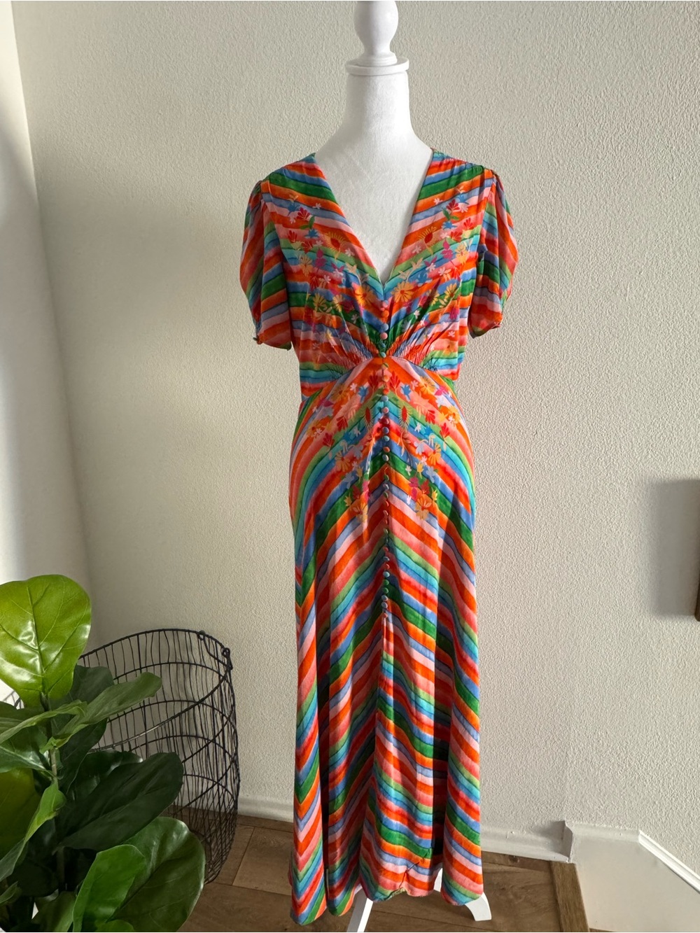 Vibrant Multi-Color Stripe V-Neck Maxi Dress